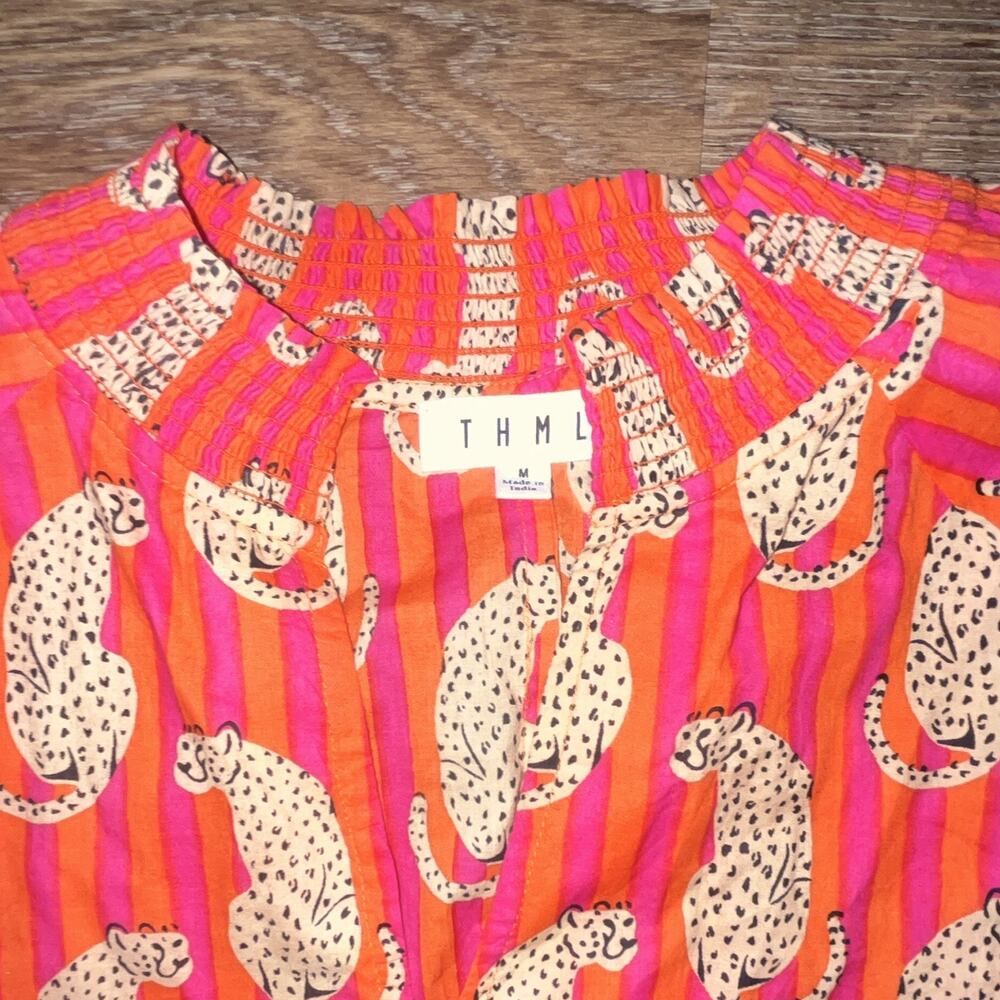 THML Animal Print Blouse Womens M Pink Orange White Puff Sleeve Round Neck - Picture 4 of 5